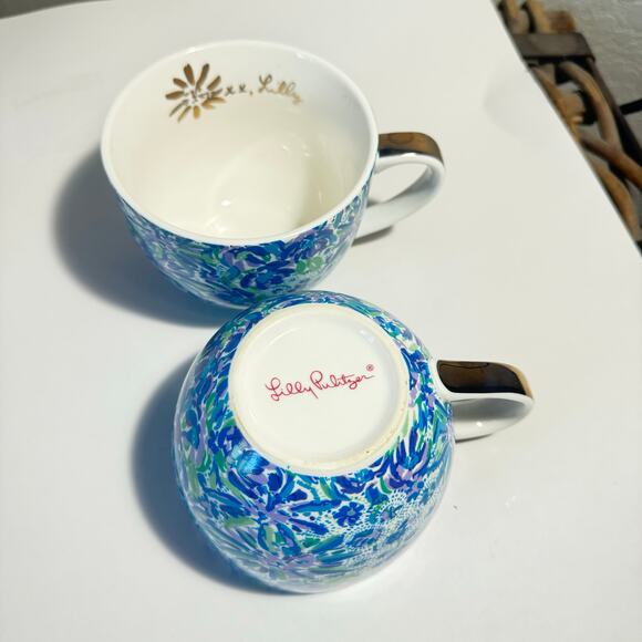 Set of 2 Lilly Pulitzer Blue Surf Ceramic Teacups  Lion & Gold Handle  12 oz - Picture 8 of 8
